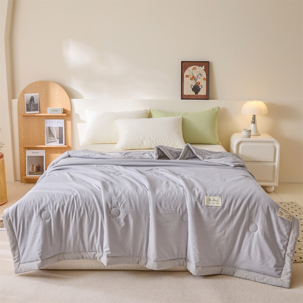 91家纺网 家纺一手货源 找家纺 创优家纺 2026新款无印风21%大豆夏凉被大豆纤维手包边款夏凉被夏被空调被子被芯 良品-浅灰