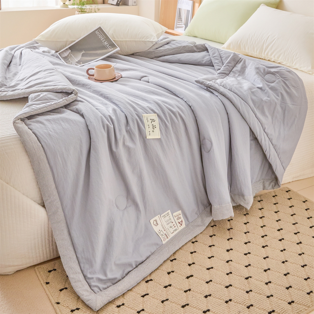 91家纺网 家纺一手货源 找家纺 创优家纺 2026新款无印风21%大豆夏凉被大豆纤维手包边款夏凉被夏被空调被子被芯 良品-浅灰