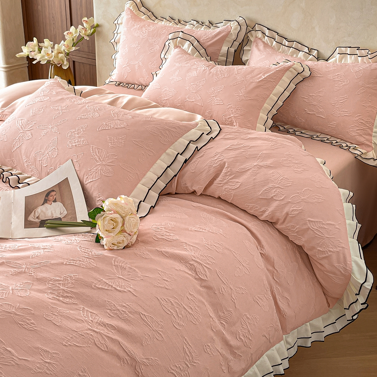 91家纺网 家纺一手货源 找家纺 （总）金阳光家纺 2026新款立体浮雕双层花边水洗真丝四件套