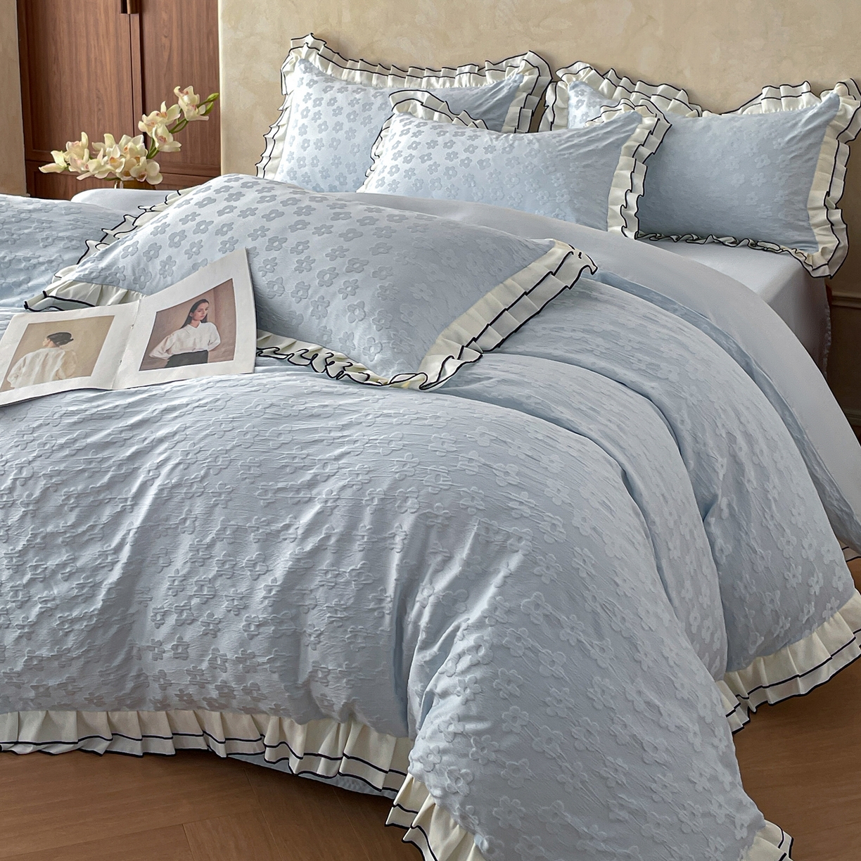 91家纺网 家纺一手货源 找家纺 （总）金阳光家纺 2026新款立体浮雕双层花边水洗真丝四件套