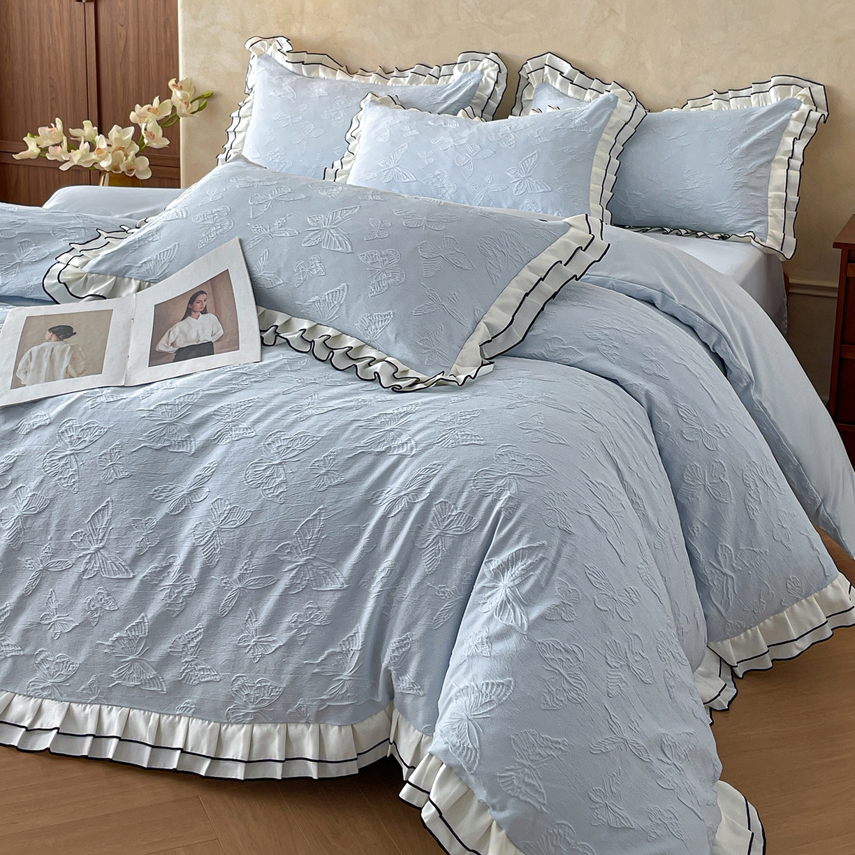 金阳光家纺 2026新款立体浮雕双层花边水洗真丝四件套 蝴蝶-蓝