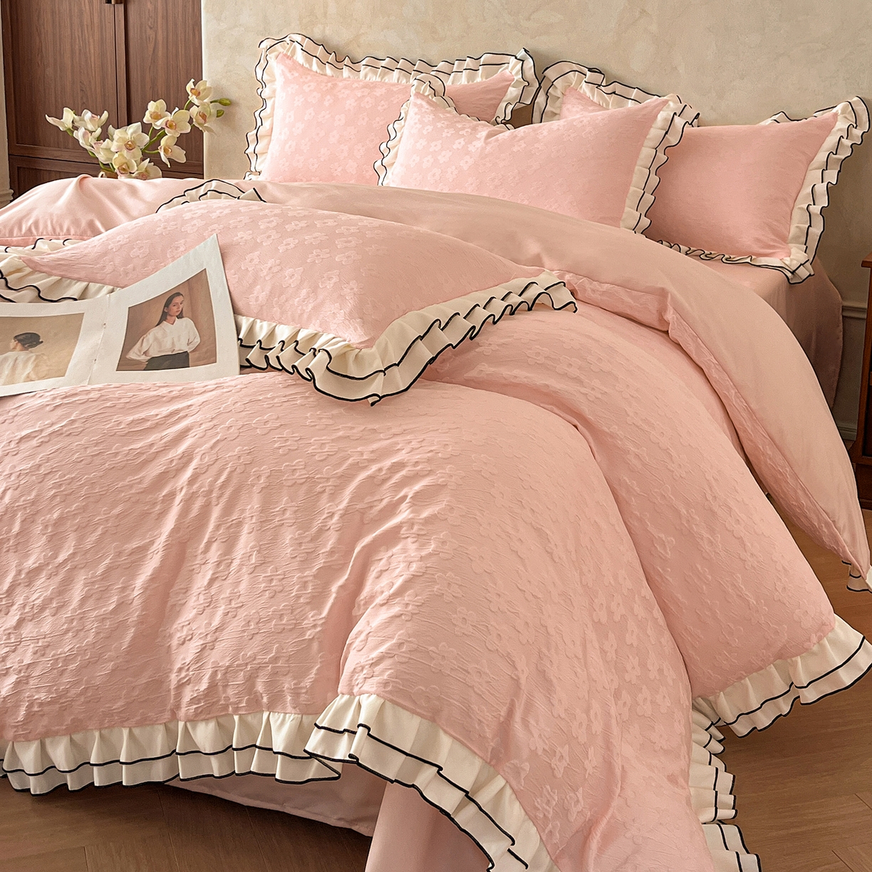 金阳光家纺 2026新款立体浮雕双层花边水洗真丝四件套 莫奈-粉