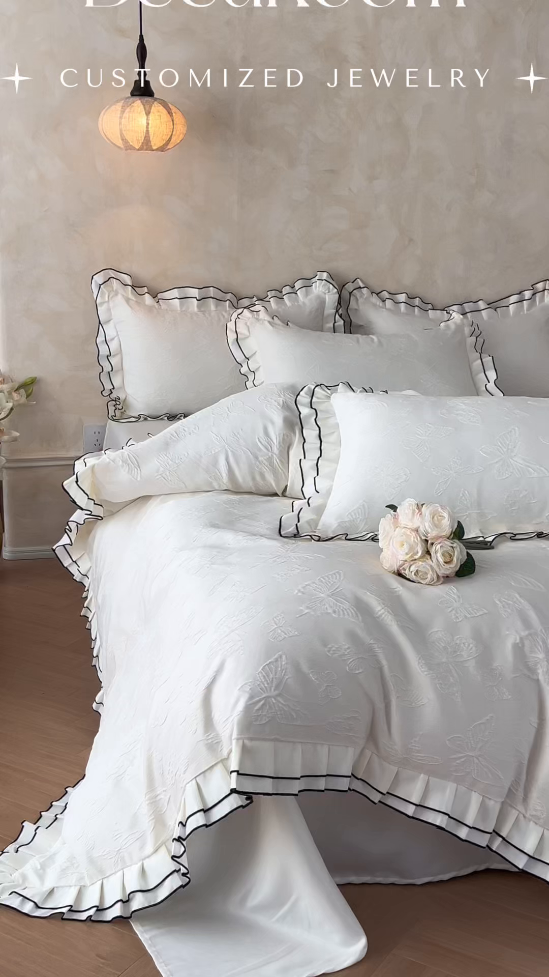 91家纺网 家纺一手货源 找家纺 金阳光家纺 2026新款立体浮雕双层花边水洗真丝四件套 蝴蝶-白