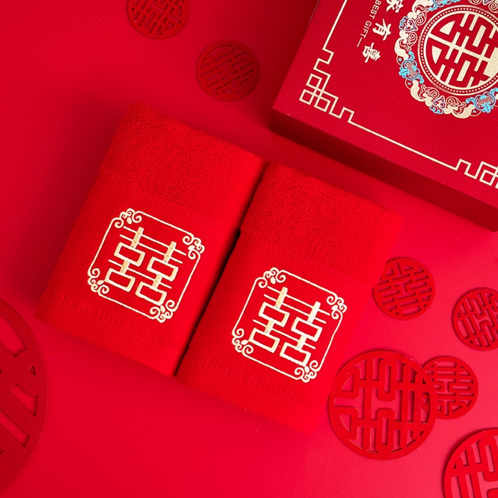 朴尔家纺-毛巾被 2026新款全棉纯棉红色系喜庆婚庆伴手礼新婚回礼绣花毛巾-场景二 好事成双 35x75cm毛巾