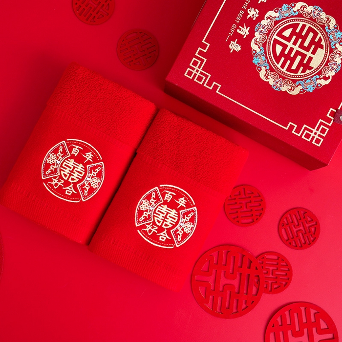 朴尔家纺-毛巾被 2026新款全棉纯棉红色系喜庆婚庆伴手礼新婚回礼绣花毛巾-场景二 好合百年 35x75cm毛巾