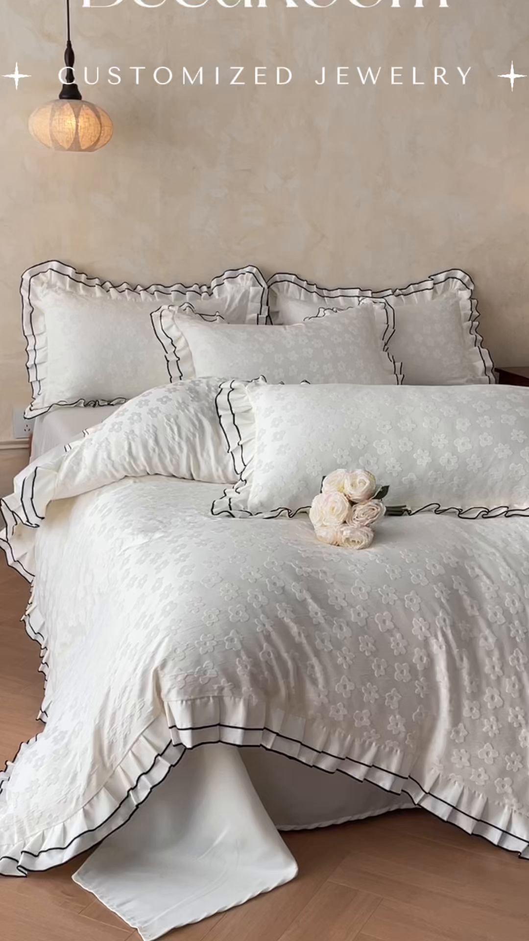 91家纺网 家纺一手货源 找家纺 金阳光家纺 2026新款立体浮雕双层花边水洗真丝四件套 莫奈-白