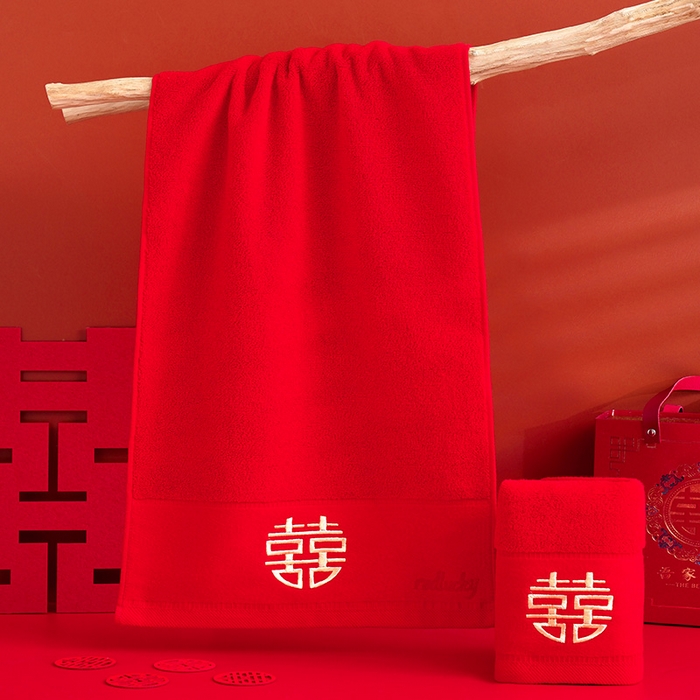 91家纺网 家纺一手货源 找家纺 朴尔家纺-毛巾被 2026新款全棉纯棉红色系喜庆婚庆伴手礼新婚回礼绣花毛巾-场景二 喜上心头 礼盒