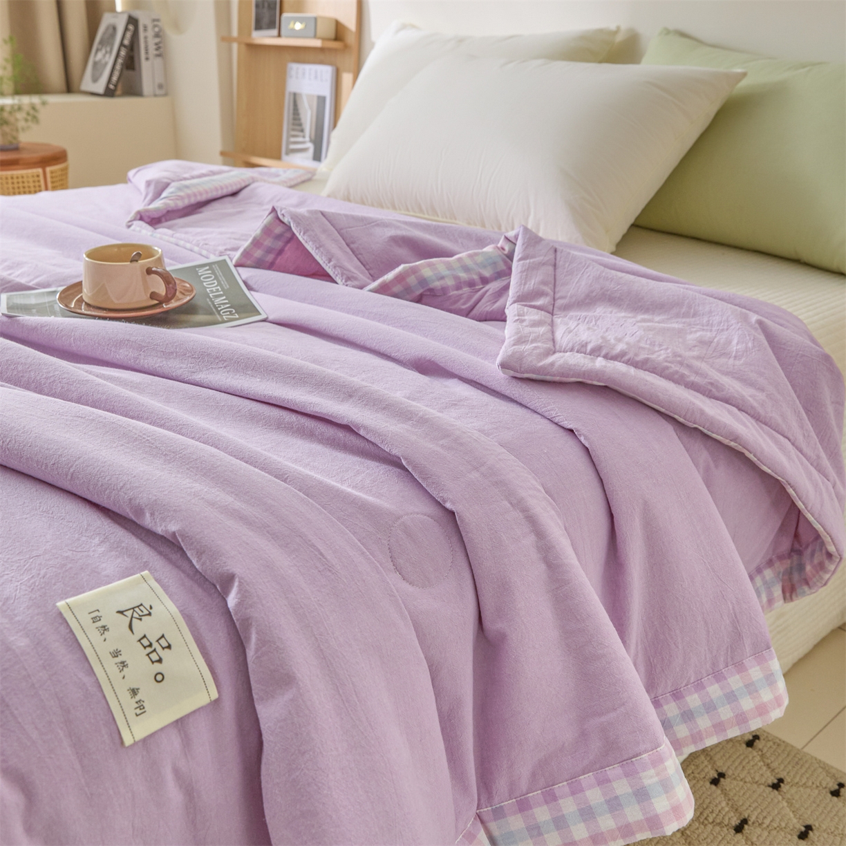 91家纺网 家纺一手货源 找家纺 创优家纺 2026新款无印风21%大豆夏凉被大豆纤维手包边款夏凉被夏被空调被子被芯 良品-浅紫