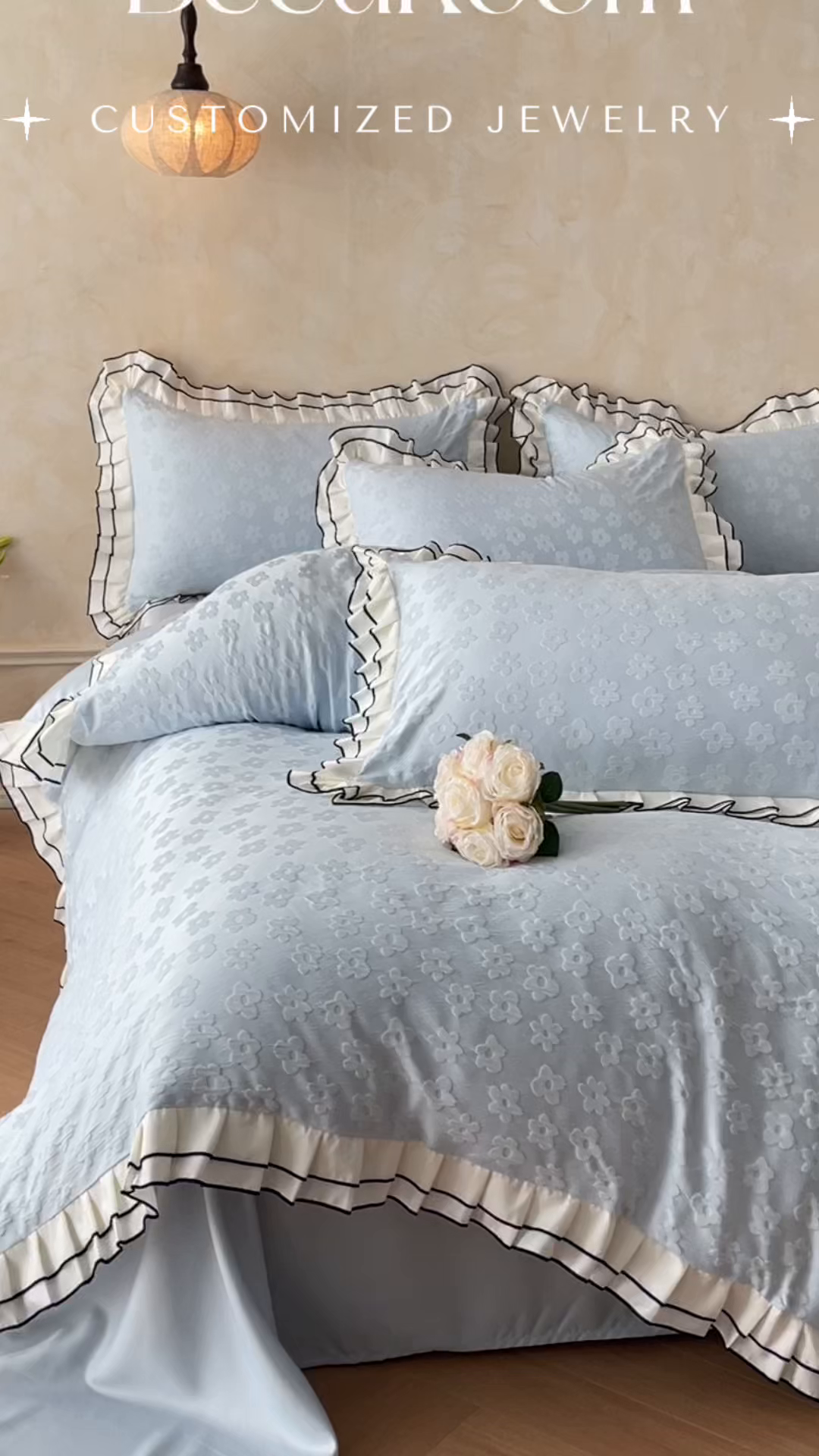 91家纺网 家纺一手货源 找家纺 金阳光家纺 2026新款立体浮雕双层花边水洗真丝四件套 莫奈-蓝