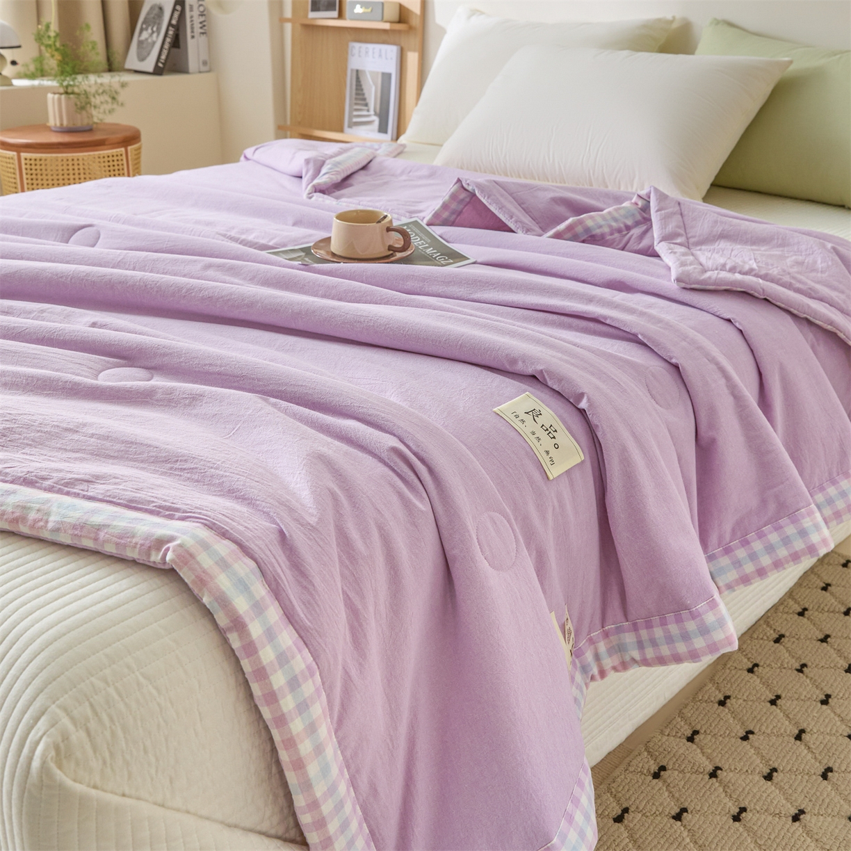 91家纺网 家纺一手货源 找家纺 创优家纺 2026新款无印风21%大豆夏凉被大豆纤维手包边款夏凉被夏被空调被子被芯 良品-浅紫