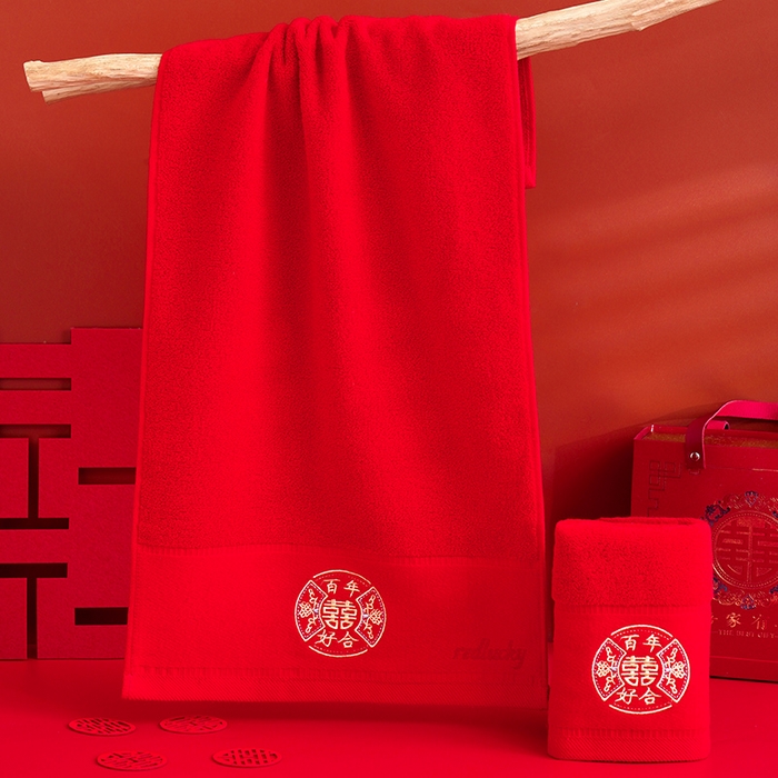 91家纺网 家纺一手货源 找家纺 朴尔家纺-毛巾被 2026新款全棉纯棉红色系喜庆婚庆伴手礼新婚回礼绣花毛巾-场景二 好合百年 35x75cm毛巾