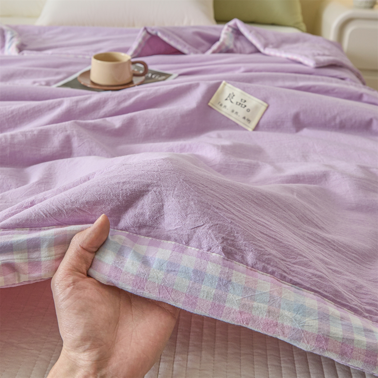 91家纺网 家纺一手货源 找家纺 创优家纺 2026新款无印风21%大豆夏凉被大豆纤维手包边款夏凉被夏被空调被子被芯 良品-浅紫