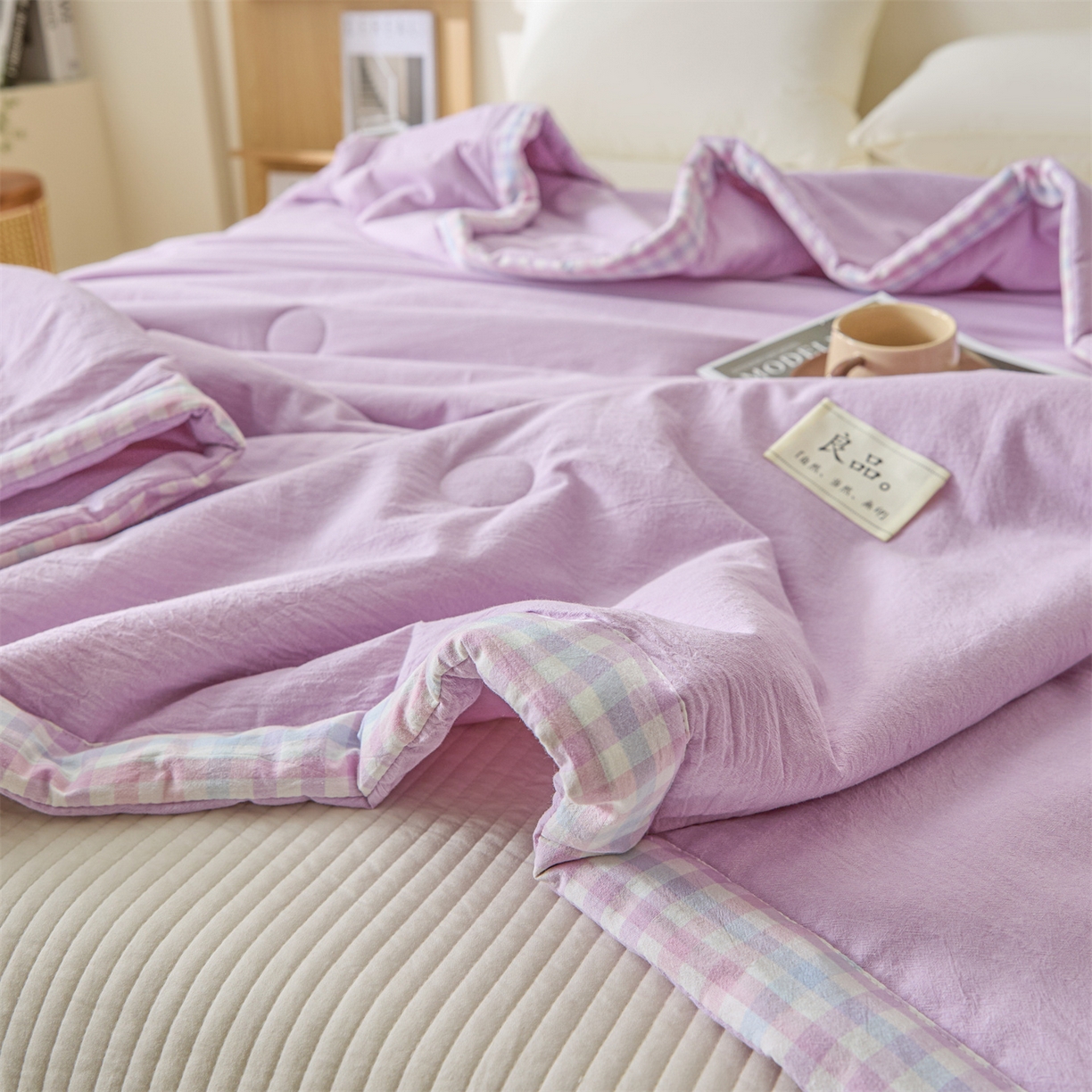 91家纺网 家纺一手货源 找家纺 创优家纺 2026新款无印风21%大豆夏凉被大豆纤维手包边款夏凉被夏被空调被子被芯 良品-浅紫