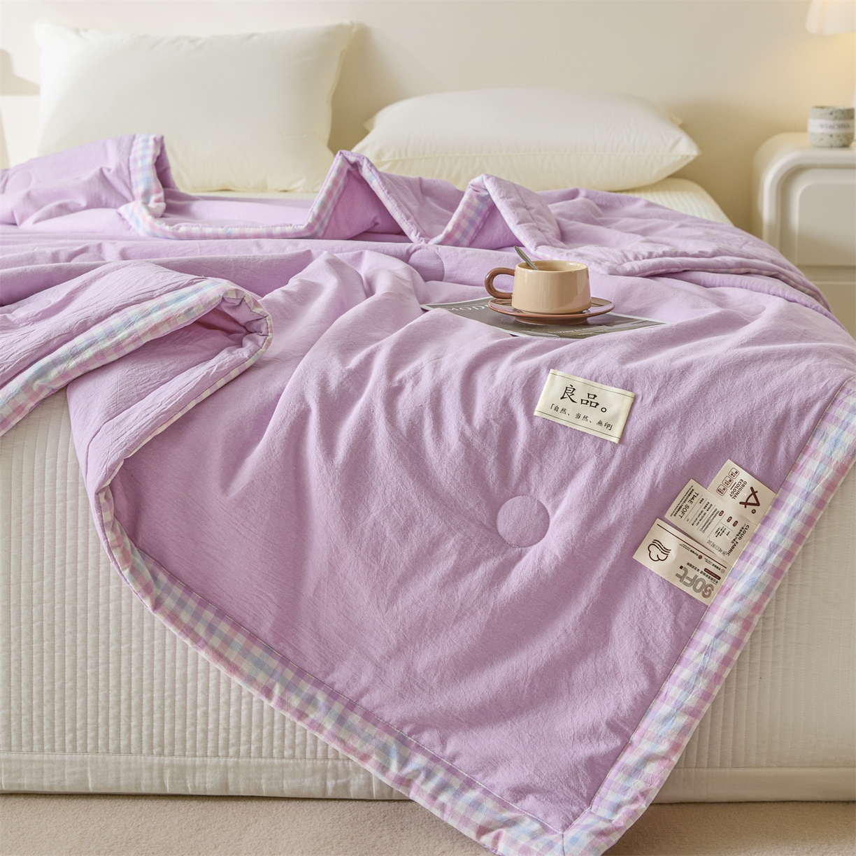 91家纺网 家纺一手货源 找家纺 创优家纺 2026新款无印风21%大豆夏凉被大豆纤维手包边款夏凉被夏被空调被子被芯 良品-浅紫