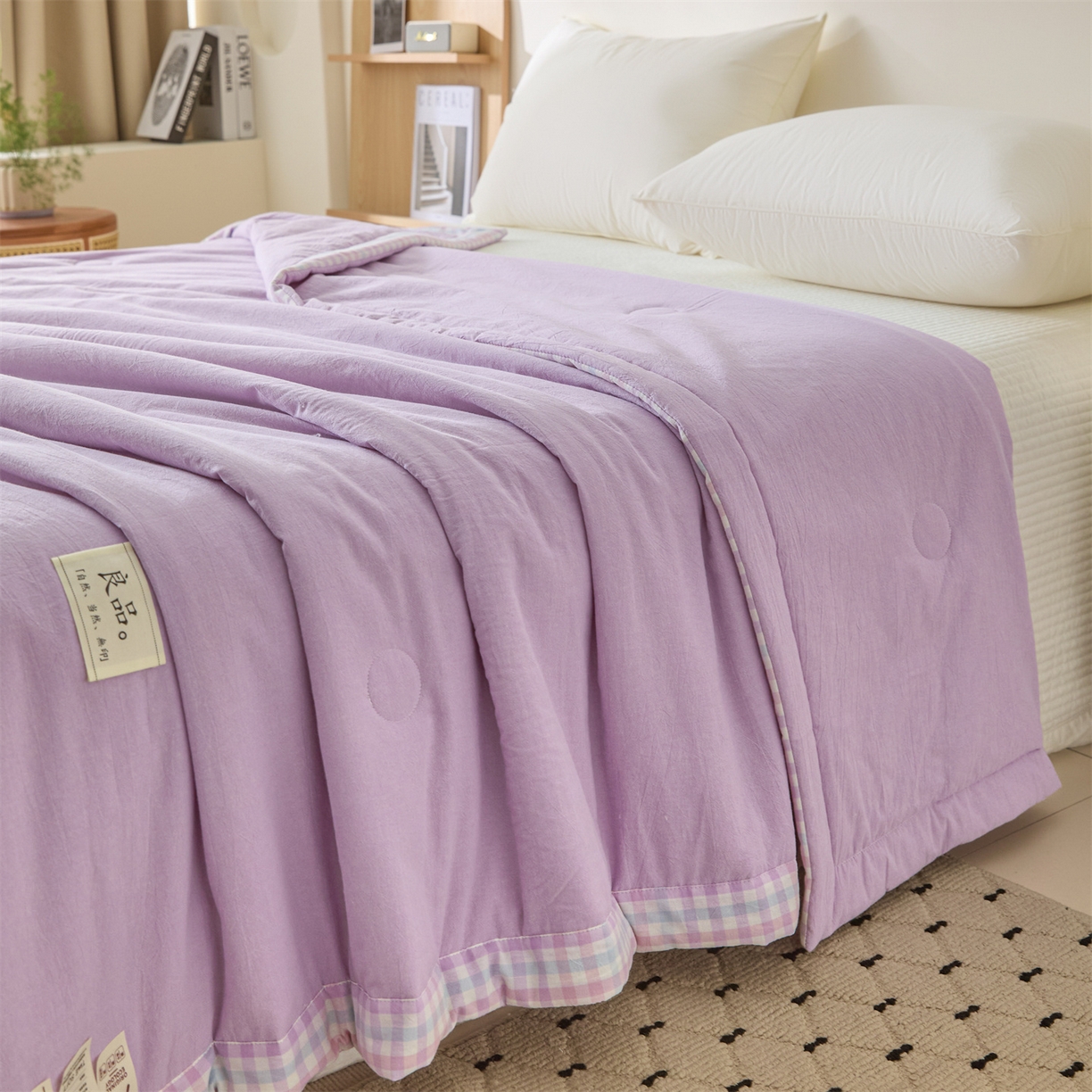 91家纺网 家纺一手货源 找家纺 创优家纺 2026新款无印风21%大豆夏凉被大豆纤维手包边款夏凉被夏被空调被子被芯 良品-浅紫