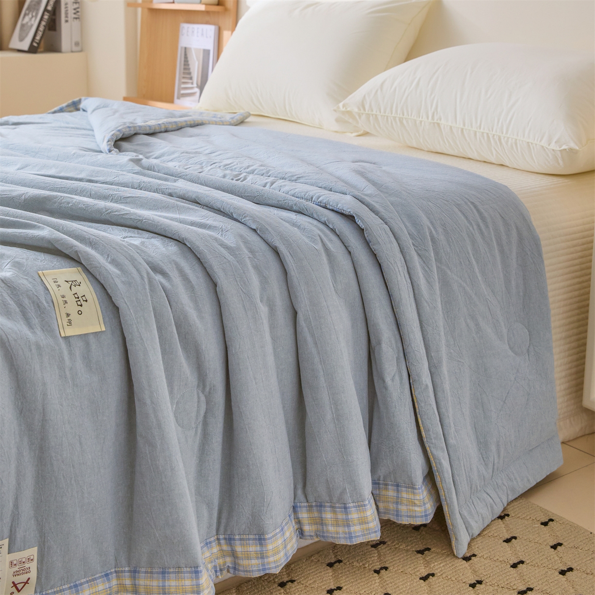 91家纺网 家纺一手货源 找家纺 创优家纺 2026新款无印风21%大豆夏凉被大豆纤维手包边款夏凉被夏被空调被子被芯 良品-青年蓝