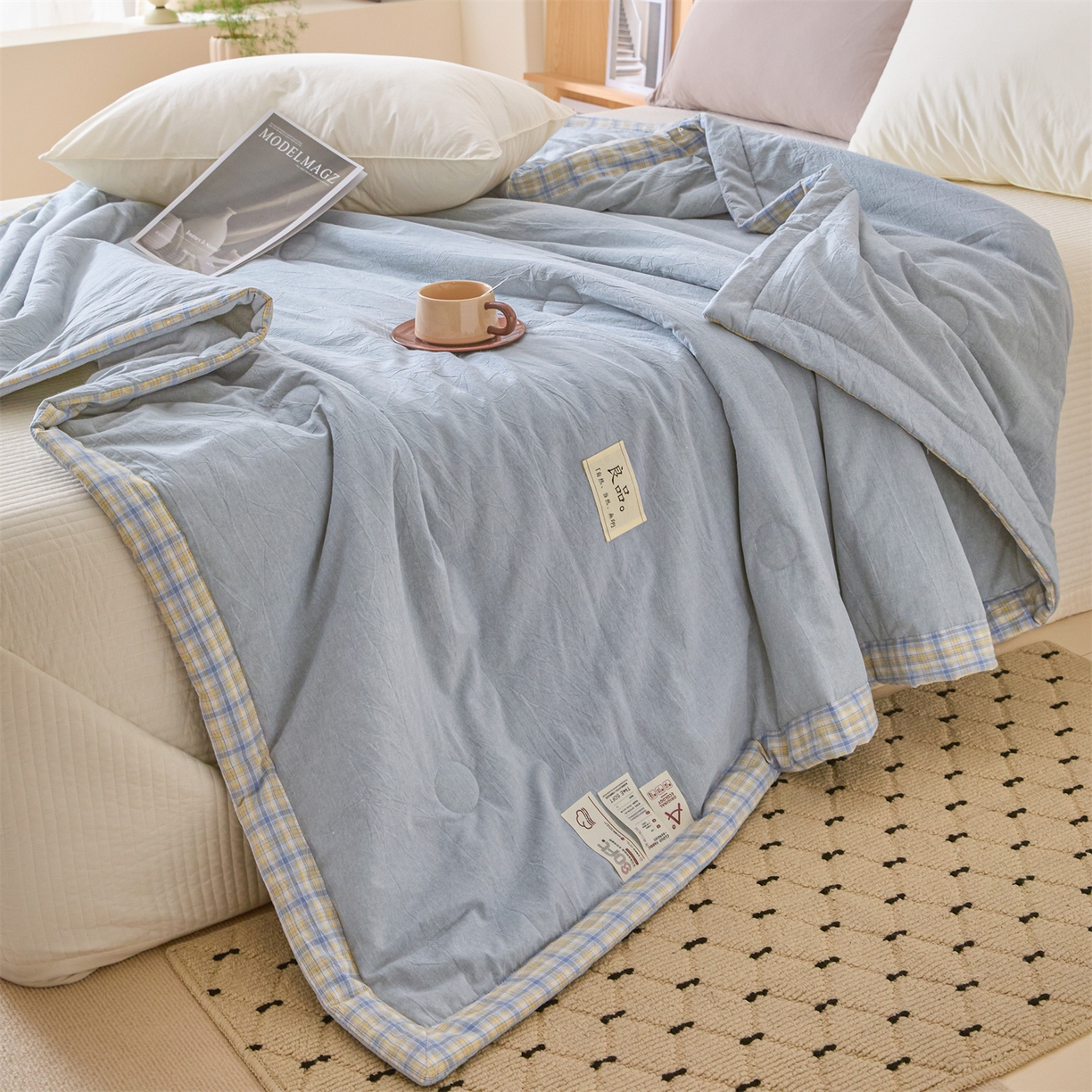 91家纺网 家纺一手货源 找家纺 创优家纺 2026新款无印风21%大豆夏凉被大豆纤维手包边款夏凉被夏被空调被子被芯 良品-青年蓝