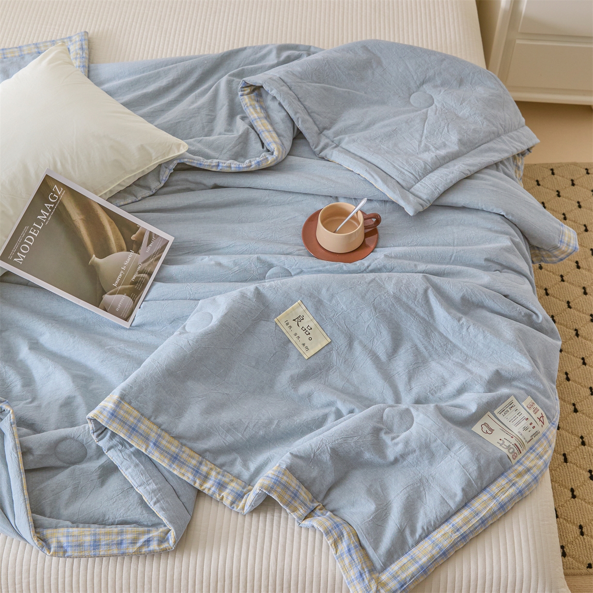 91家纺网 家纺一手货源 找家纺 创优家纺 2026新款无印风21%大豆夏凉被大豆纤维手包边款夏凉被夏被空调被子被芯 良品-青年蓝