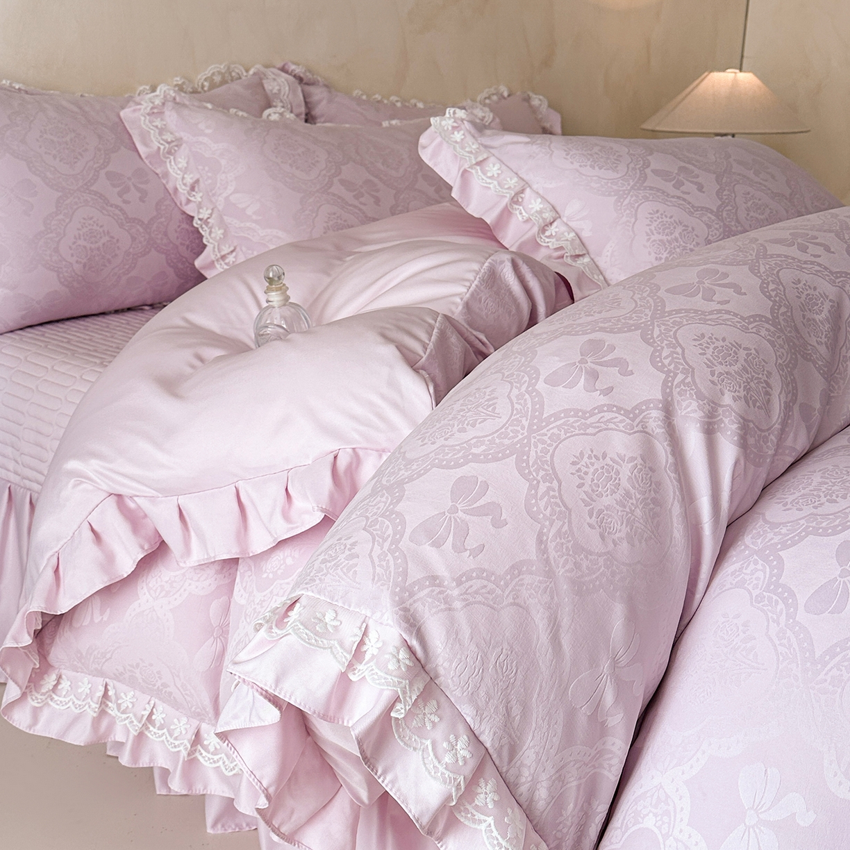 金阳光家纺 2026春夏新款A类花边蕾丝款水洗真丝天丝床盖款床单款提花四件套 秘密花园-紫