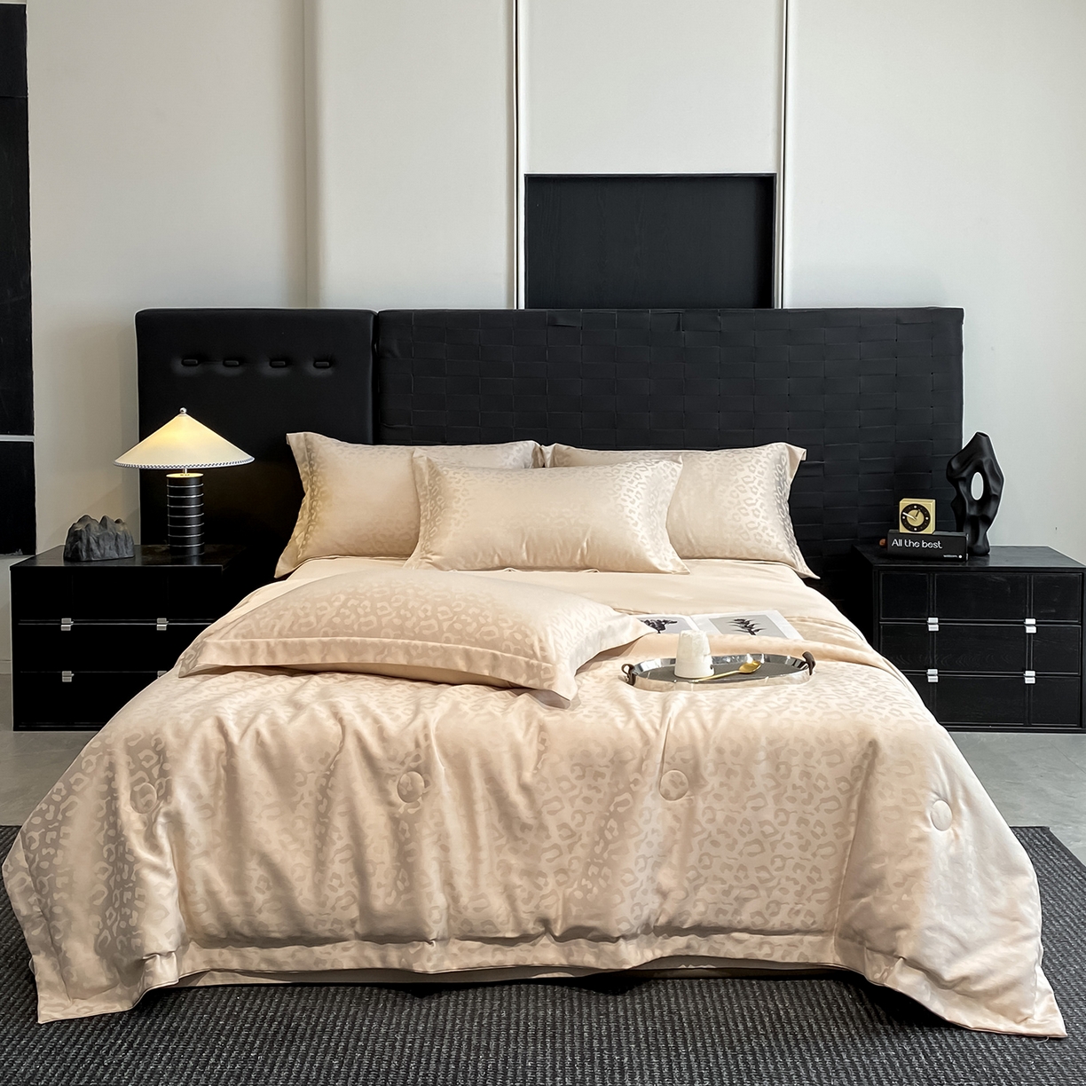 91家纺网 家纺一手货源 找家纺 金阳光家纺 2026新款A类水洗真丝天丝提花高奢豹纹系列夏被夏凉被空调被夏被四件套 豹纹-香槟色