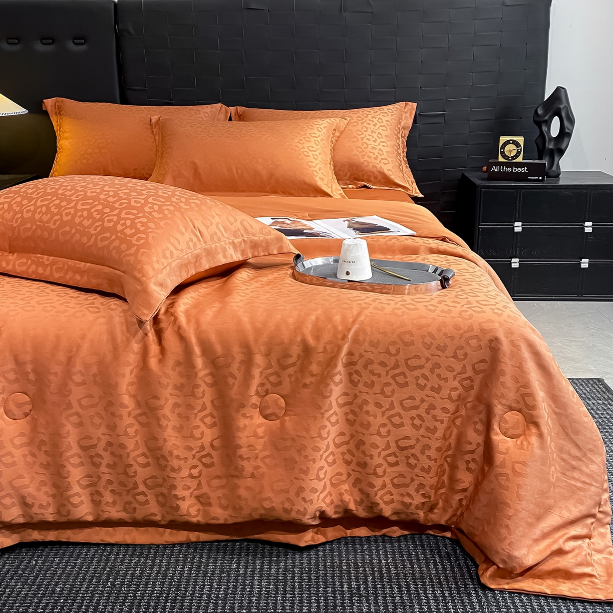 91家纺网 家纺一手货源 找家纺 金阳光家纺 2026新款A类水洗真丝天丝提花高奢豹纹系列夏被夏凉被空调被夏被四件套 豹纹-橙色