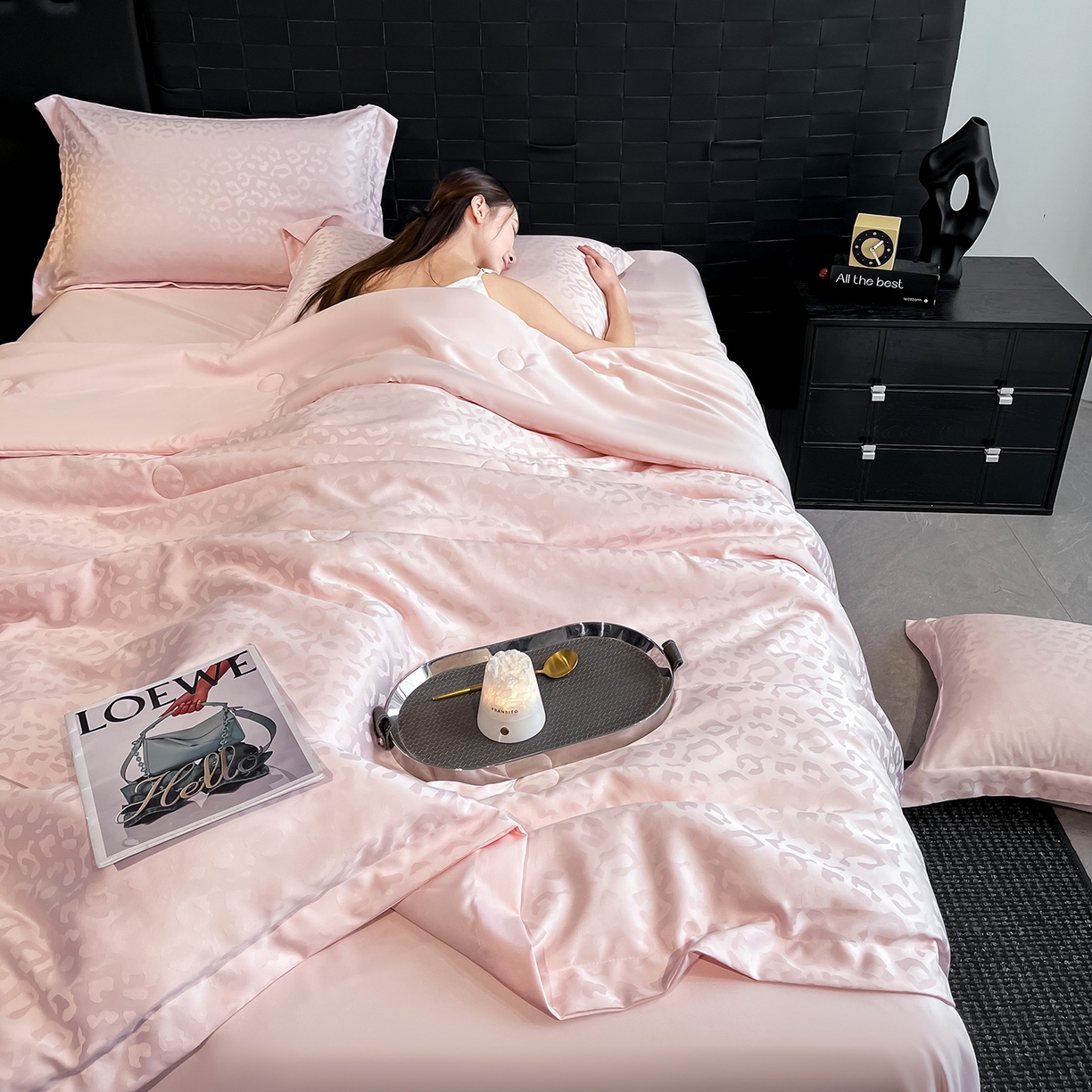 91家纺网 家纺一手货源 找家纺 金阳光家纺 2026新款A类水洗真丝天丝提花高奢豹纹系列夏被夏凉被空调被夏被四件套 豹纹-粉