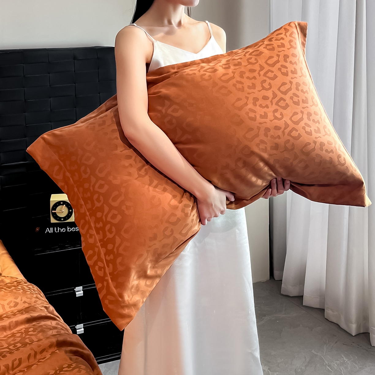 91家纺网 家纺一手货源 找家纺 金阳光家纺 2026新款A类水洗真丝天丝提花高奢豹纹系列夏被夏凉被空调被夏被四件套 豹纹-橙色