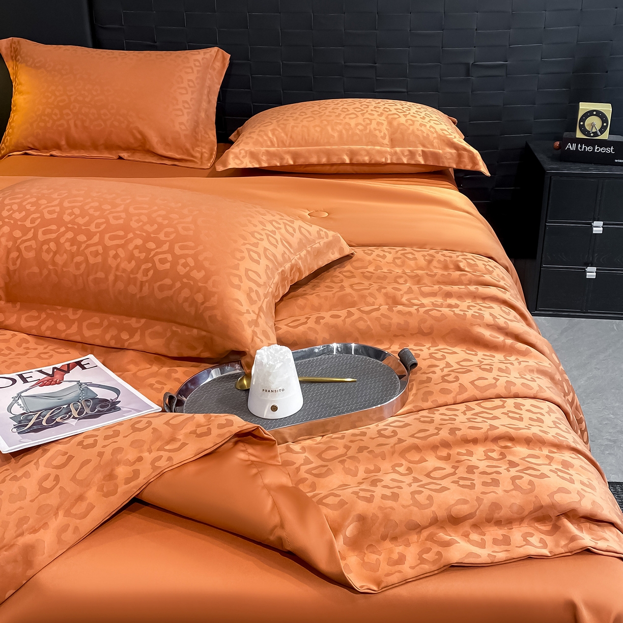 91家纺网 家纺一手货源 找家纺 金阳光家纺 2026新款A类水洗真丝天丝提花高奢豹纹系列夏被夏凉被空调被夏被四件套 豹纹-橙色