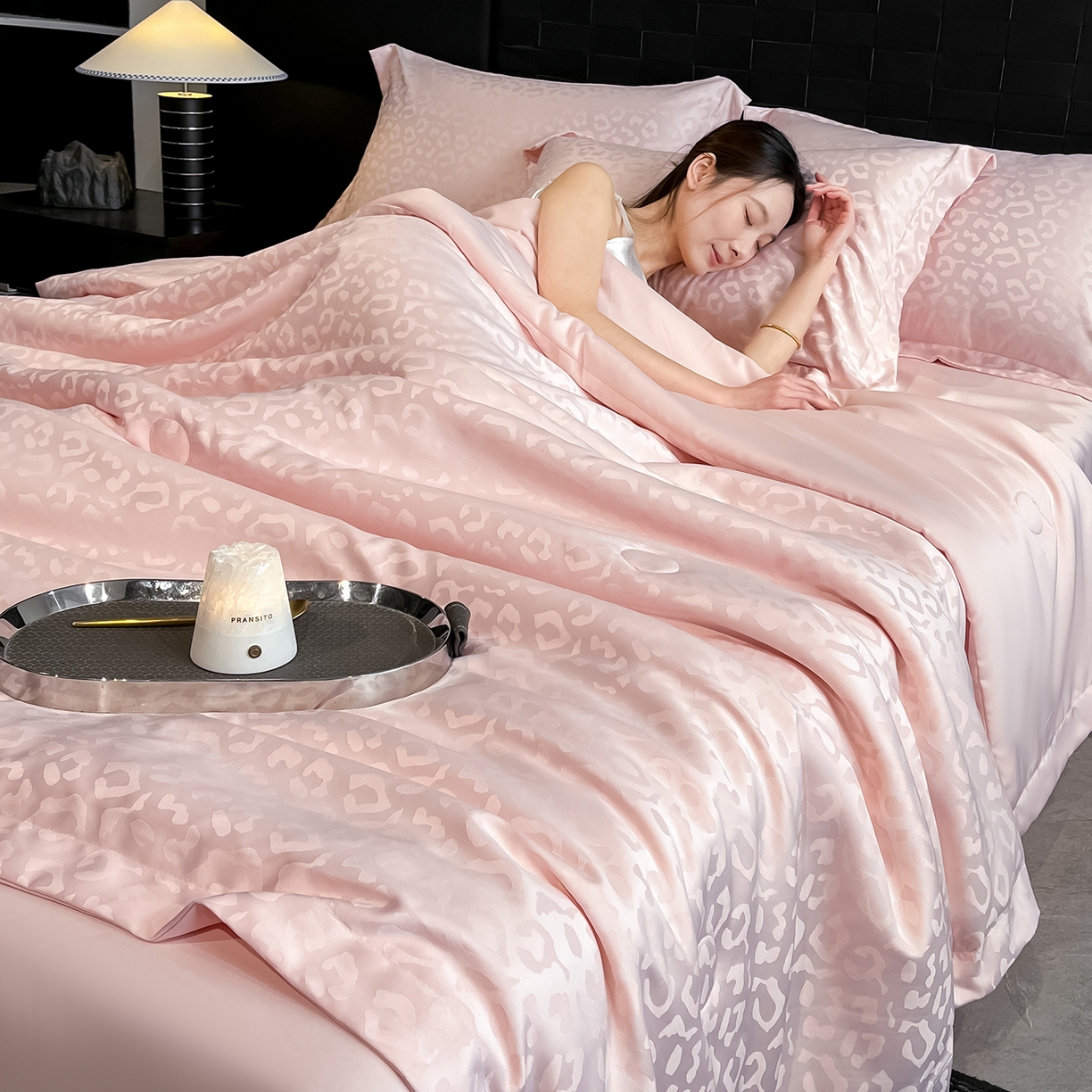 金阳光家纺 2026新款A类水洗真丝天丝提花高奢豹纹系列夏被夏凉被空调被夏被四件套 豹纹-粉