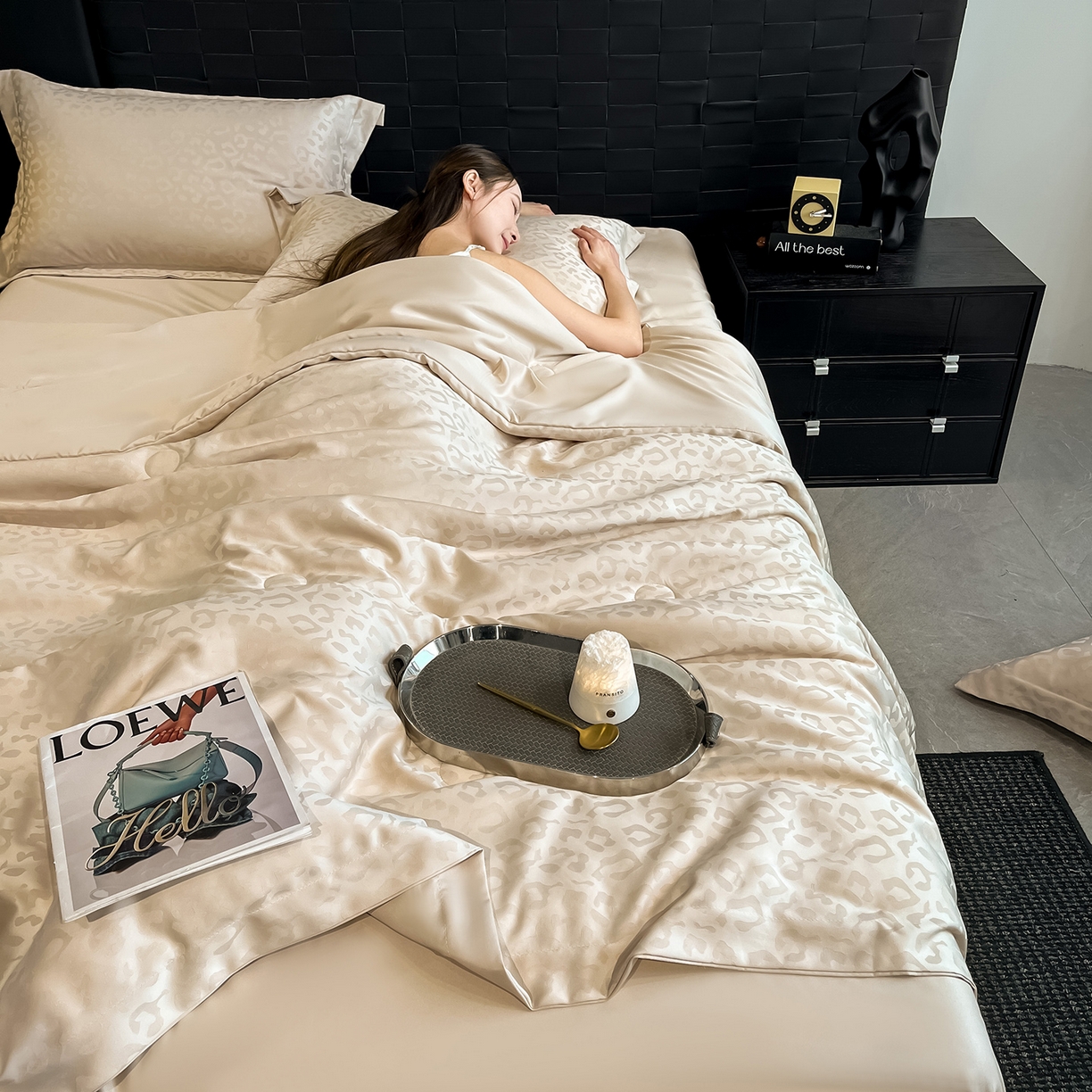 91家纺网 家纺一手货源 找家纺 金阳光家纺 2026新款A类水洗真丝天丝提花高奢豹纹系列夏被夏凉被空调被夏被四件套 豹纹-香槟色