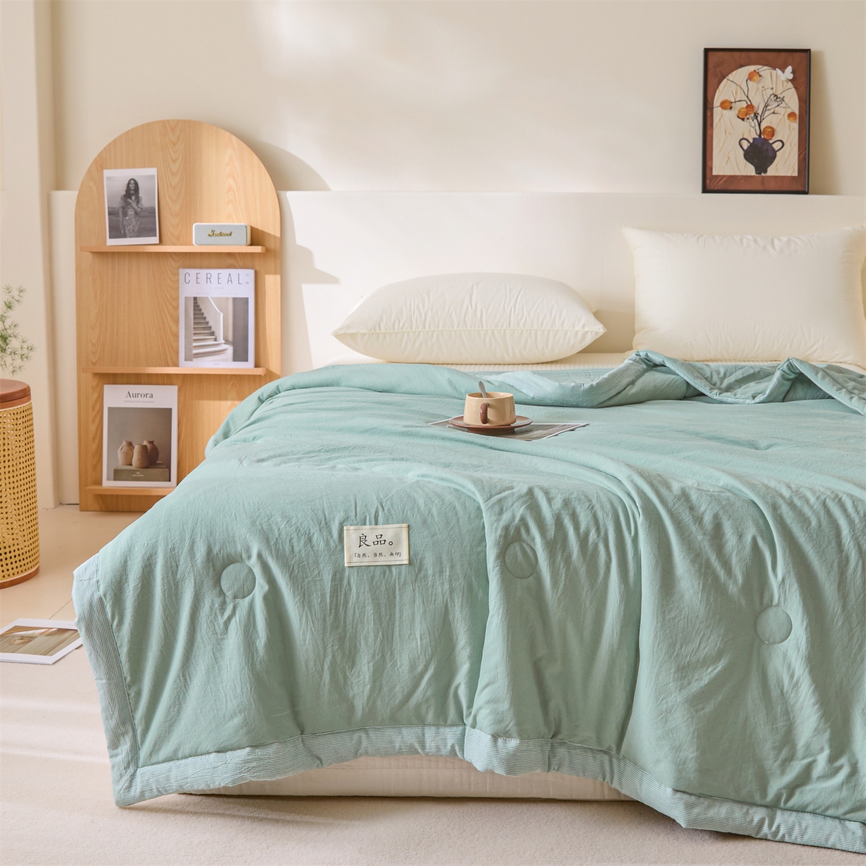 91家纺网 家纺一手货源 找家纺 创优家纺 2026新款无印风21%大豆夏凉被大豆纤维手包边款夏凉被夏被空调被子被芯 良品-松绿