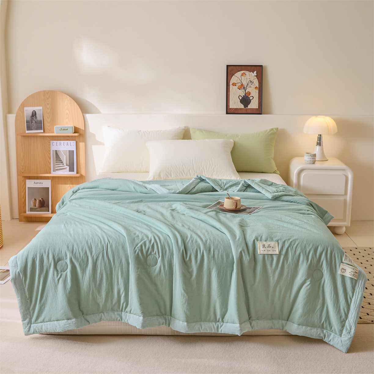 91家纺网 家纺一手货源 找家纺 创优家纺 2026新款无印风21%大豆夏凉被大豆纤维手包边款夏凉被夏被空调被子被芯 良品-松绿