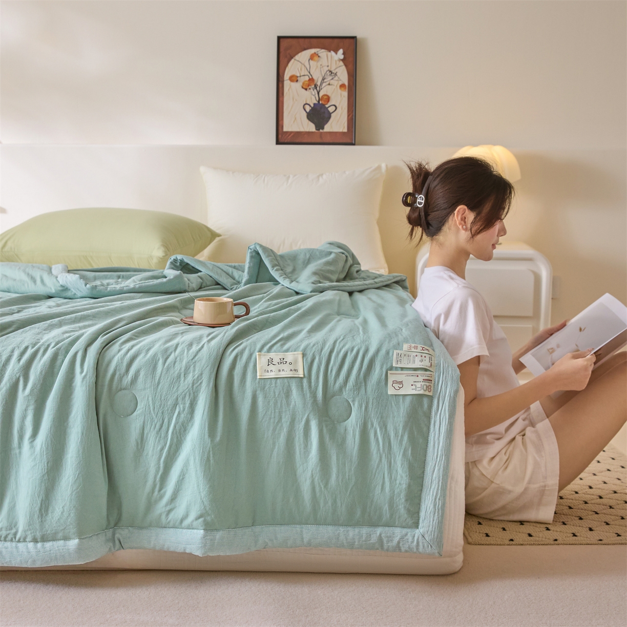 91家纺网 家纺一手货源 找家纺 创优家纺 2026新款无印风21%大豆夏凉被大豆纤维手包边款夏凉被夏被空调被子被芯 良品-松绿