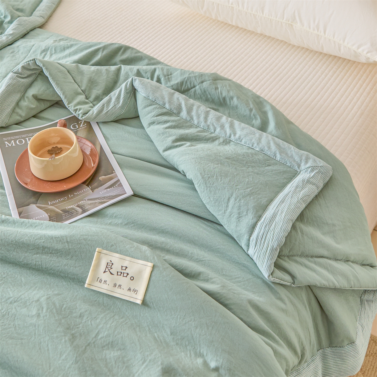 91家纺网 家纺一手货源 找家纺 创优家纺 2026新款无印风21%大豆夏凉被大豆纤维手包边款夏凉被夏被空调被子被芯 良品-松绿