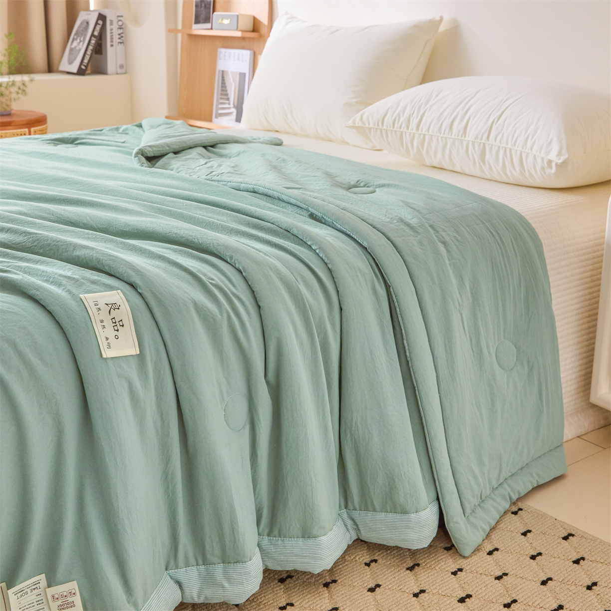 91家纺网 家纺一手货源 找家纺 创优家纺 2026新款无印风21%大豆夏凉被大豆纤维手包边款夏凉被夏被空调被子被芯 良品-松绿