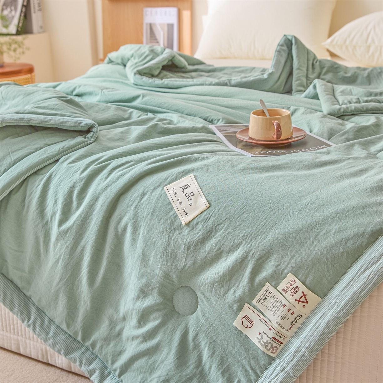 91家纺网 家纺一手货源 找家纺 创优家纺 2026新款无印风21%大豆夏凉被大豆纤维手包边款夏凉被夏被空调被子被芯 良品-松绿