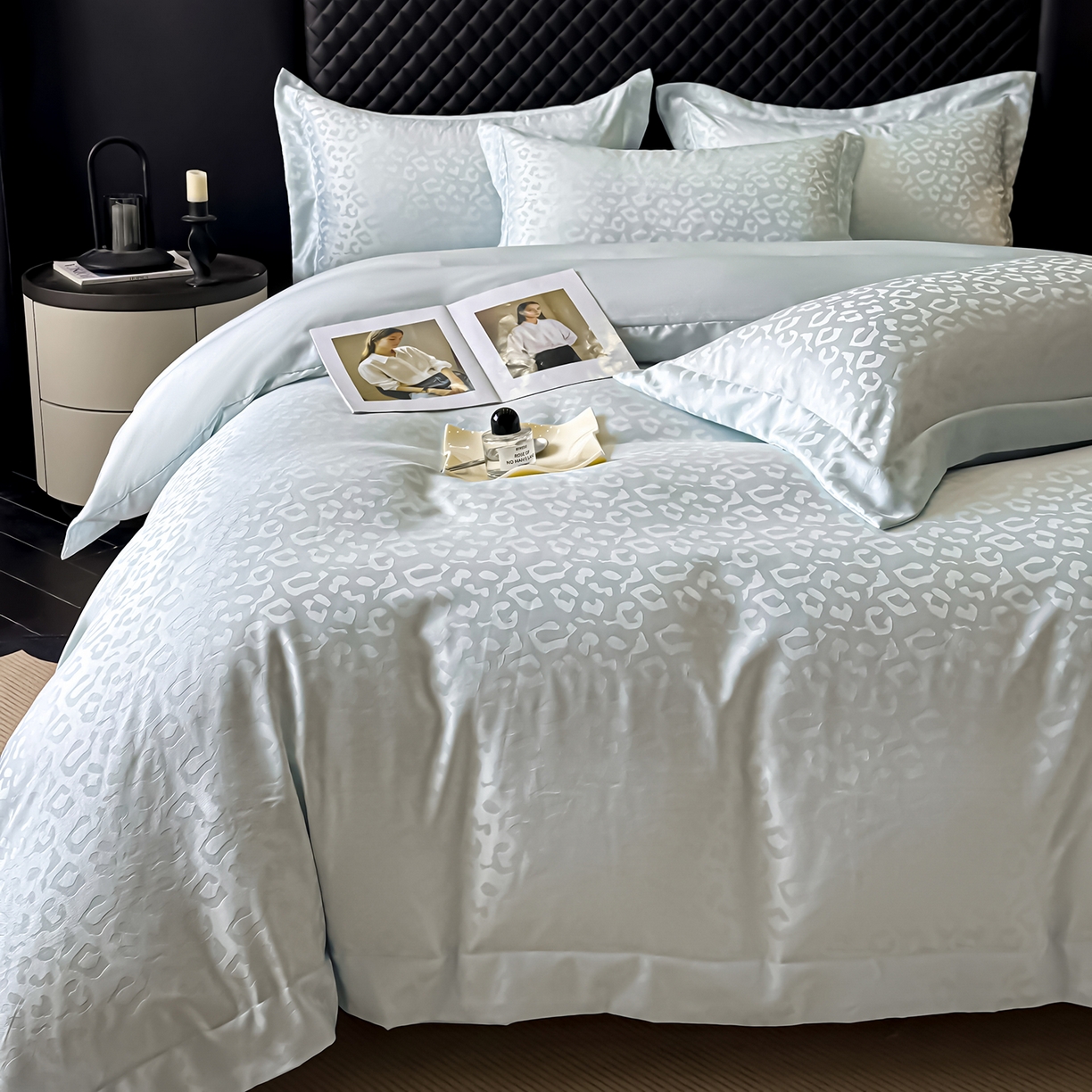 91家纺网 家纺一手货源 找家纺 金阳光家纺 2026春夏新款A类水洗真丝天丝高奢提花豹纹四件套 豹纹-梦幻绿