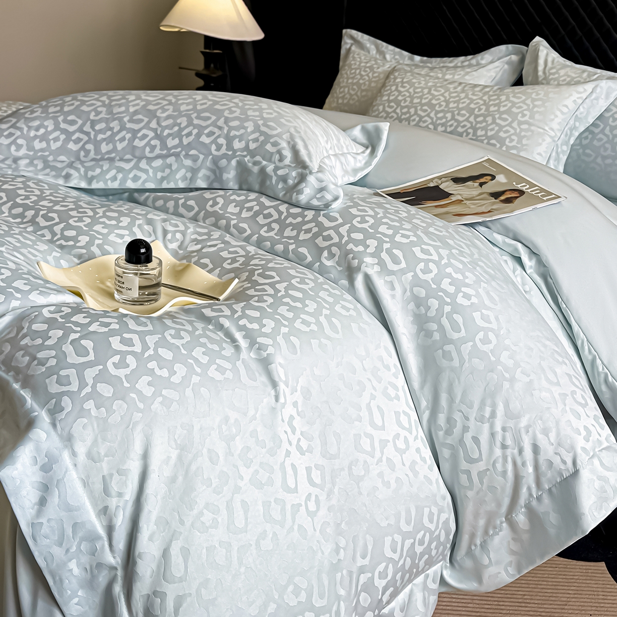 金阳光家纺 2026春夏新款A类水洗真丝天丝高奢提花豹纹四件套 豹纹-梦幻绿