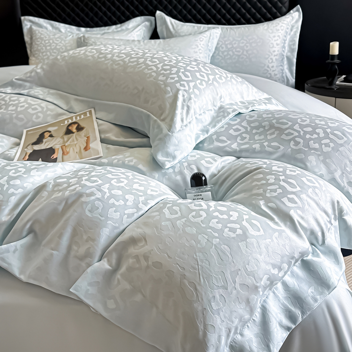 91家纺网 家纺一手货源 找家纺 金阳光家纺 2026春夏新款A类水洗真丝天丝高奢提花豹纹四件套 豹纹-梦幻绿