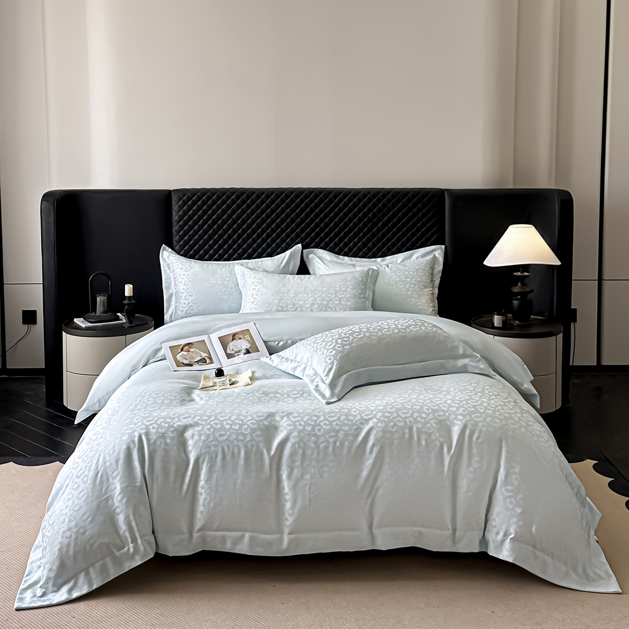 91家纺网 家纺一手货源 找家纺 金阳光家纺 2026春夏新款A类水洗真丝天丝高奢提花豹纹四件套 豹纹-梦幻绿