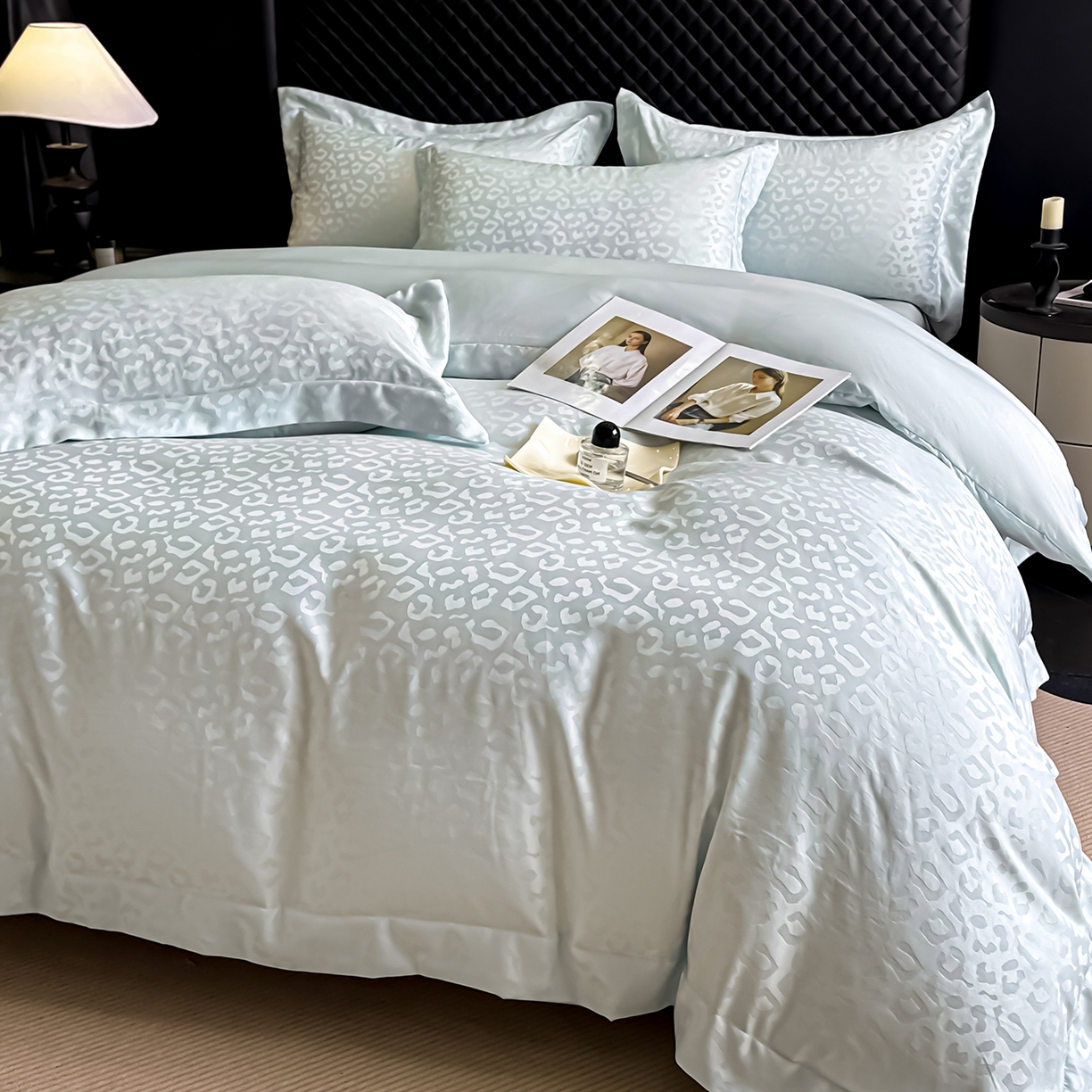 91家纺网 家纺一手货源 找家纺 金阳光家纺 2026春夏新款A类水洗真丝天丝高奢提花豹纹四件套 豹纹-梦幻绿