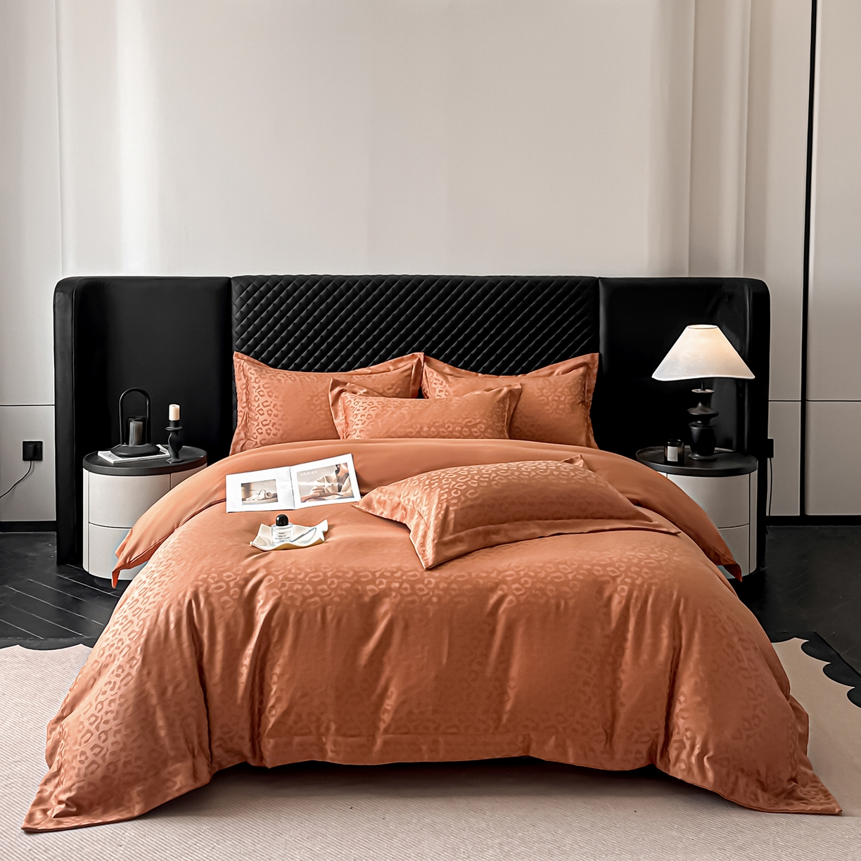 91家纺网 家纺一手货源 找家纺 金阳光家纺 2026春夏新款A类水洗真丝天丝高奢提花豹纹四件套 豹纹-橙色