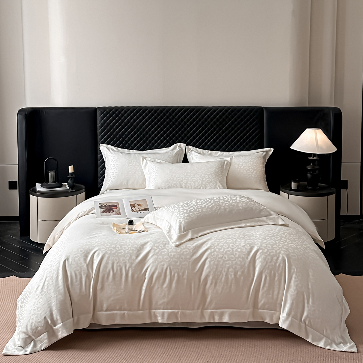 91家纺网 家纺一手货源 找家纺 金阳光家纺 2026春夏新款A类水洗真丝天丝高奢提花豹纹四件套 豹纹-米白