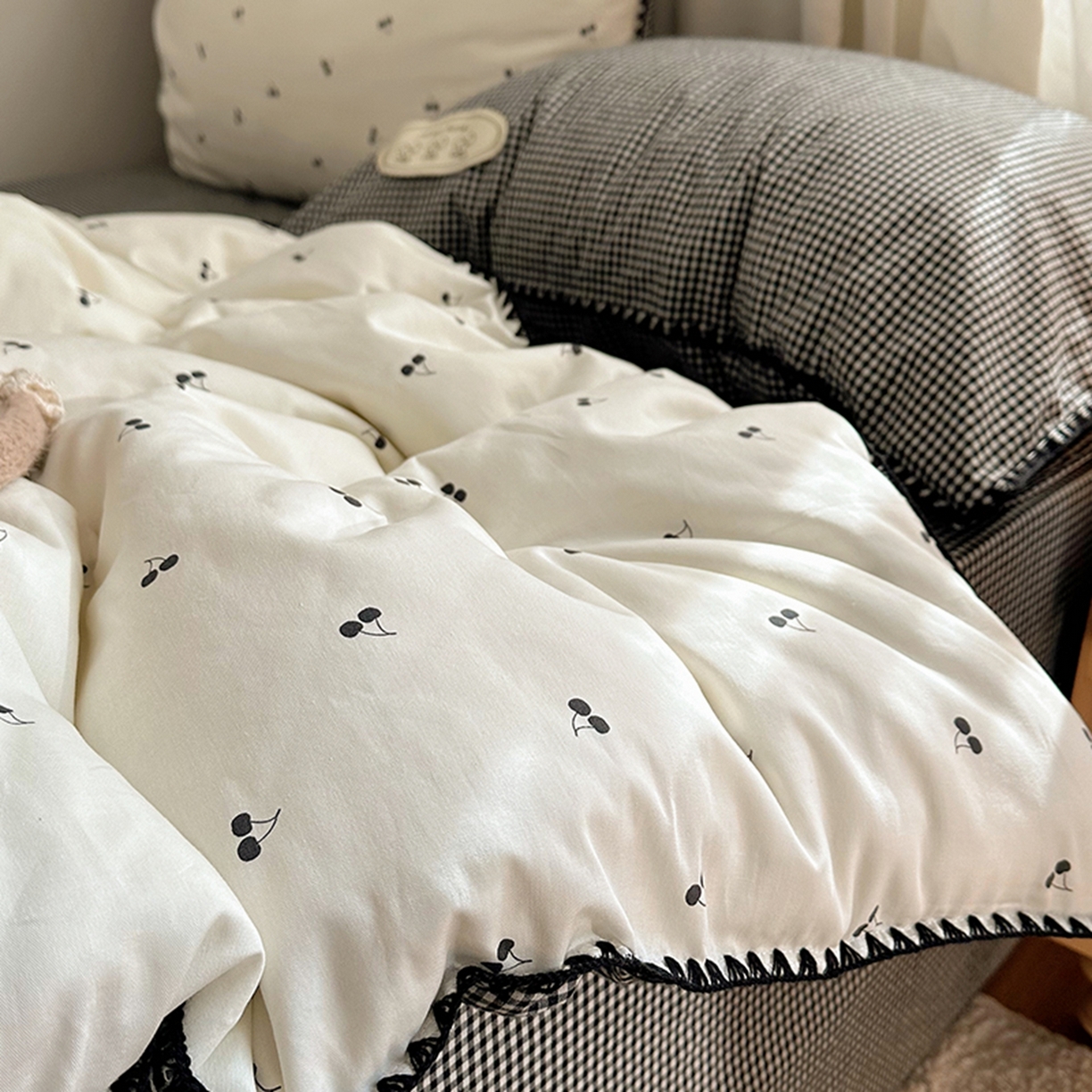 91家纺网 家纺一手货源 找家纺 （总）桃子家居 2026新款小清新A类全棉纯棉水洗棉色织混搭四件套甜心樱桃