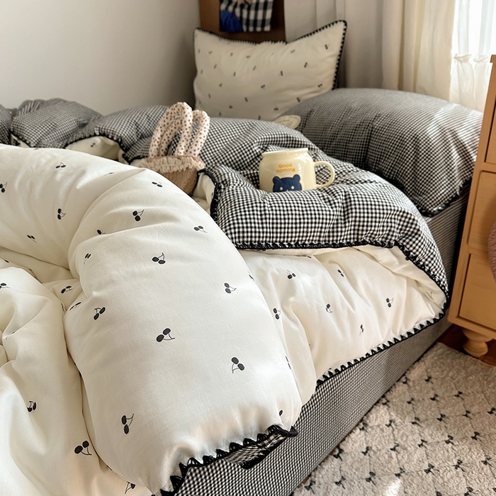 桃子家居 2026新款小清新A类全棉纯棉水洗棉色织混搭四件套甜心樱桃 棉三角针-甜心樱桃黑格