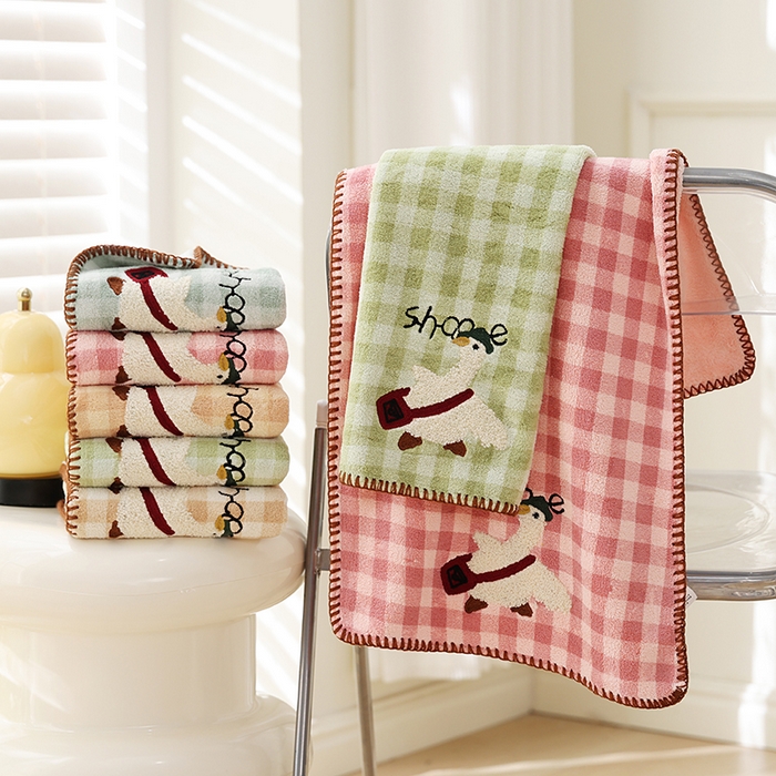 朴尔家纺-毛巾被 2026新款毛巾绣勾边小格快乐鸭AB版珊瑚绒速吸速干毛巾 格子快乐鸭 组合图仅供展示不可下单