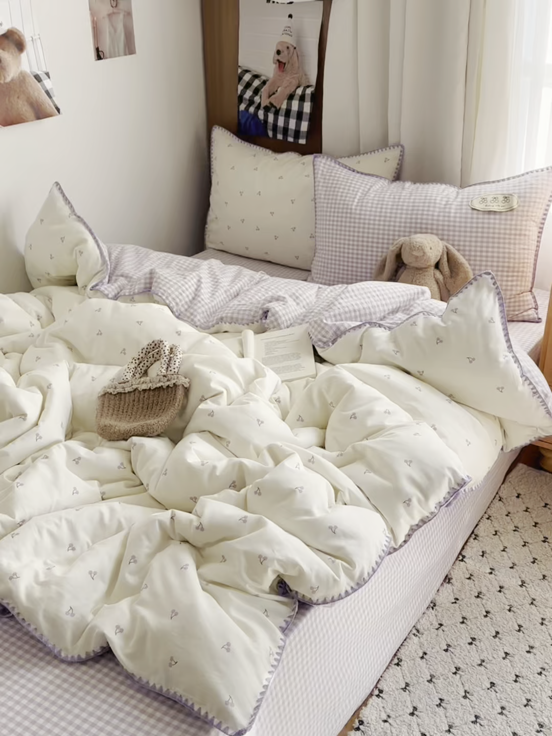 91家纺网 家纺一手货源 找家纺 桃子家居 2026新款小清新A类全棉纯棉水洗棉色织混搭四件套甜心樱桃 棉三角针-甜心樱桃紫