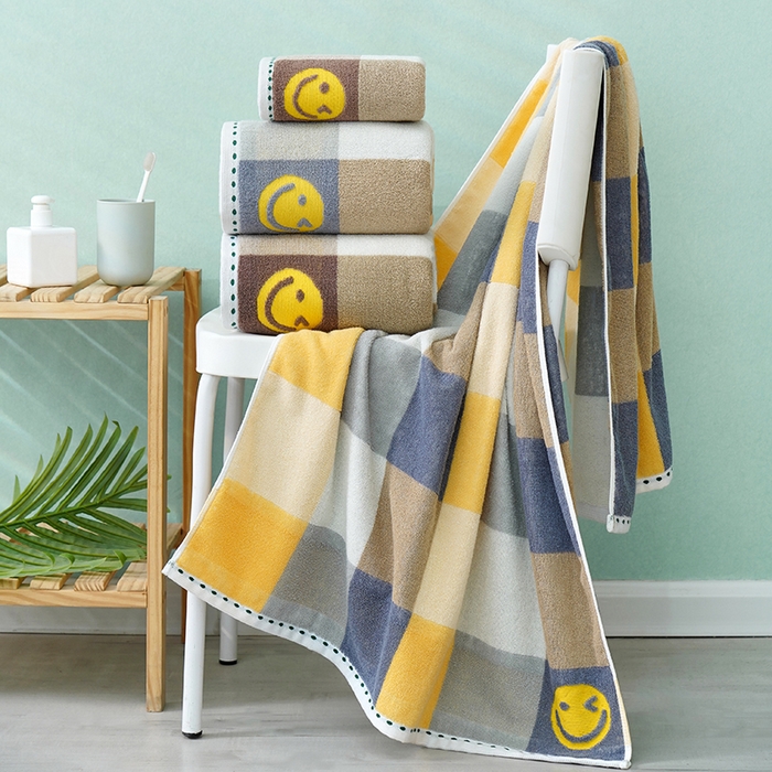 91家纺网 家纺一手货源 找家纺 （总）朴尔家纺-毛巾被 2026新款纯棉32股运动风男士色织条纹笑脸加厚毛巾浴巾组合