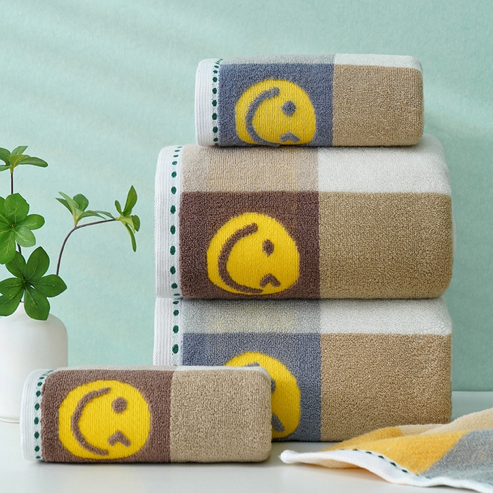 91家纺网 家纺一手货源 找家纺 （总）朴尔家纺-毛巾被 2026新款纯棉32股运动风男士色织条纹笑脸加厚毛巾浴巾组合