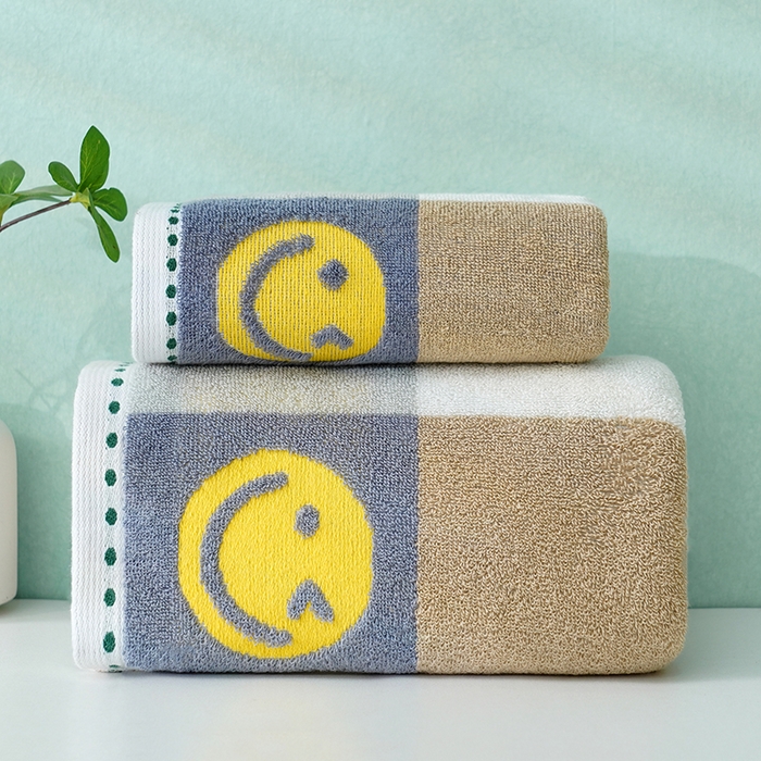 91家纺网 家纺一手货源 找家纺 朴尔家纺-毛巾被 2026新款纯棉32股运动风男士色织条纹笑脸加厚毛巾浴巾组合 毛巾+浴巾-笑脸系-蓝 浴巾70x140cm/条